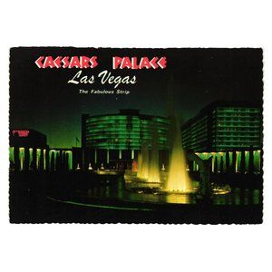 Vintage Postcard Caesars Palace Evening Lights Fountain Casino Hotel Gambling Va